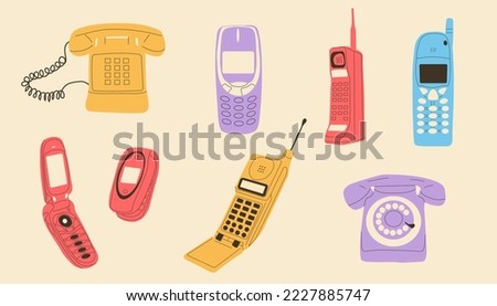 Set of classic and modern telephones. Hand drawn vector illustration.