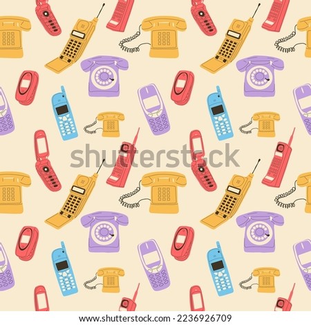 Seamless pattern with Set of classic and modern telephones. Hand drawn vector illustration.