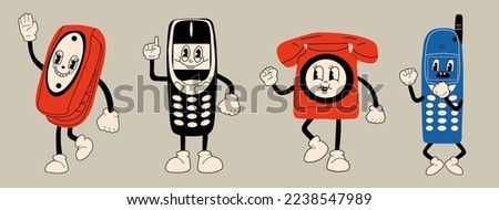 Set of three Old phone with antenna, Flip Phone. Cute cartoon character with hands, legs, eyes. Retro comic style. 