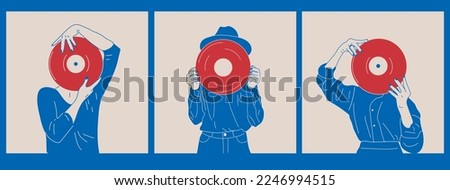 Girl holds an old vinyl record in her hands .Retro fashion style from 80s.Set of three blue and red Hand drawn Vector illustrations. Poster, print, logo templates
