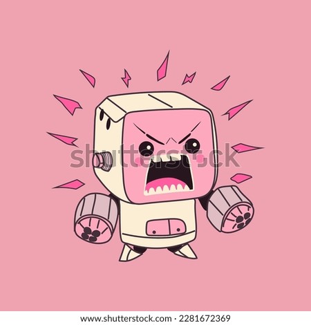 Robot. Cute artificial robotic character angry. Hand drawn Vector illustration. Futuristic retro androids. Cartoon style. Isolated design elements.