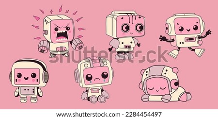 Set with cute Robots. Cute artificial robotic character. Hand drawn Vector illustration. Futuristic retro androids. Cartoon style. Isolated design elements.
