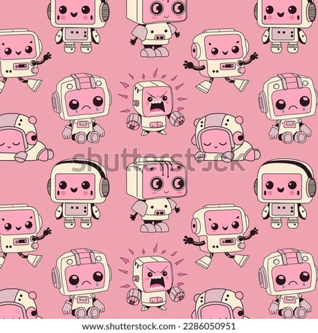 Seamless pattern with cute Robots. Cute artificial robotic character. Hand drawn Vector illustration. Futuristic retro androids. Cartoon style.