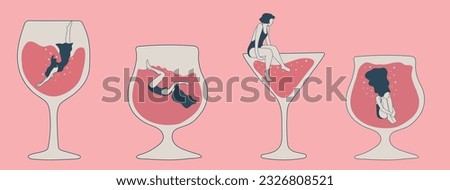 Set of three Trendy female characters swimming jumping into the glass.People suffering from hard drinking. Concept illustration with depressed characters sink in various alcohol glasses.
