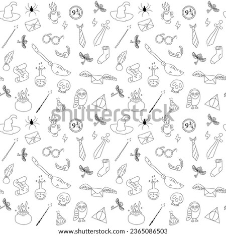 Pattern with doodle magic things from a wizard school. Vector background, wallpaper, backdrop