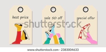Vector set of discount price tags. Labels with ice skates for figure skating in winter. Christmas sale.	