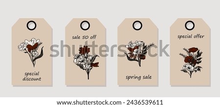 Vector set of discount price tags. Labels with Wild flowers and leaves. Spring sale.
