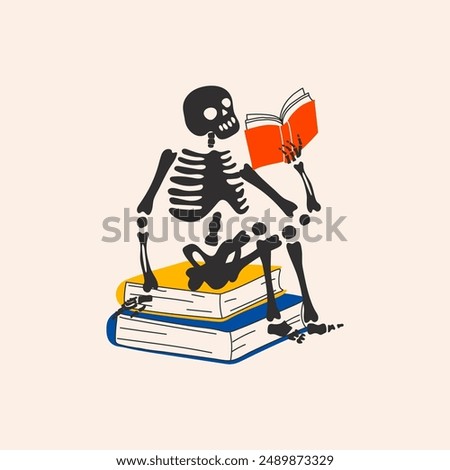 Back to school. Funny Skeleton ready for school with school stationery. Cute character Skeleton Bones