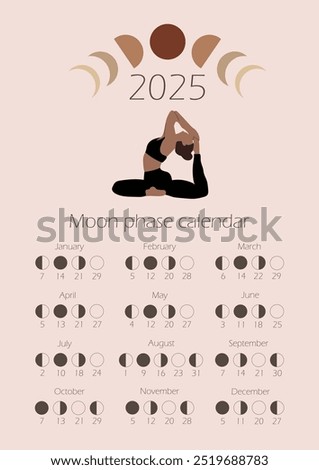 Moon phases calendar 2025 with a girl doing yoga. Waning gibbous, Waxing crescent, New moon, Full moon with dates.