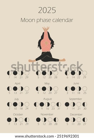 Moon phases calendar 2025 with a girl doing yoga. Waning gibbous, Waxing crescent, New moon, Full moon with dates.	