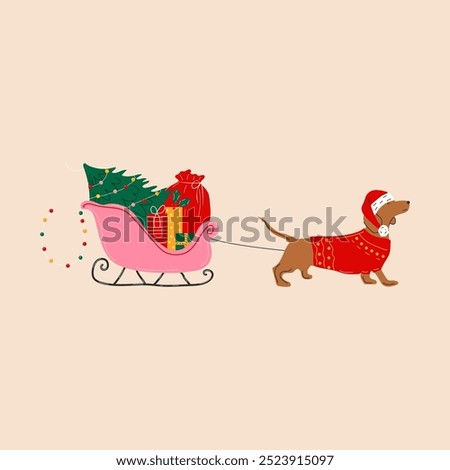 A dachshund pulls a sleigh with a Christmas tree and presents. Merry Christmas