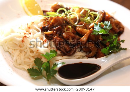 Japan noodle on a plate with soy-bean sauce