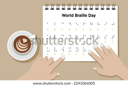 World Braille Day, Vector illustration of blined person's hands reading braille alphabet with coffee on the desk