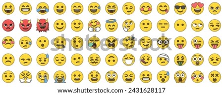 Set of 65 emoticon smile icons, outline color style.