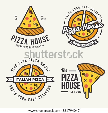 Set of  pizza logo, badges, banners, emblem for fast food restaurant. Vector illustration.
