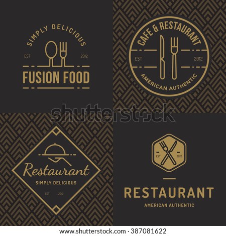Set of badges, banner,  labels and logos for food restaurant, foods shop and catering with seamless pattern. Vector illustration.