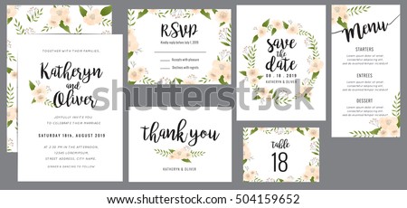 Wedding suite template decorate with wreath flowers. Including save the date card, invitation card, wedding menu, response card and thank you card. Vector illustration.