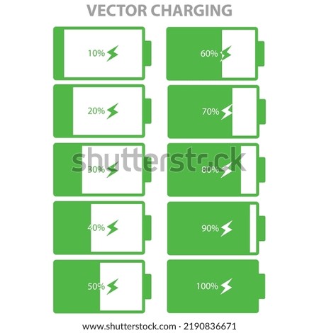 Vector graphic illustration of battery charge indicator icon. battery energy level 10%, 20%, 30%, 40%, 50%, 60%, 70%, 80%, 90%, 100%.
isolated on white background