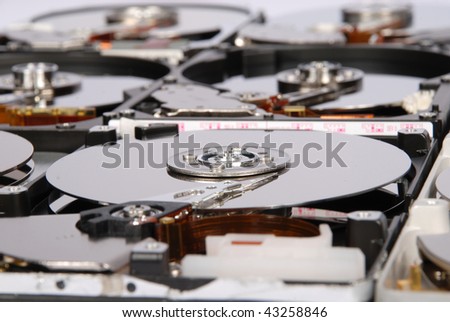 Many open computer Hard Drive on white background
