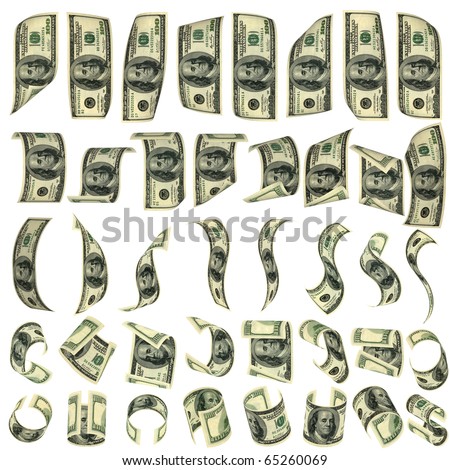 Forty preparations for falling dollars. Isolated on white. All banknotes different. For giving realness of a banknote contain elements of deterioration.