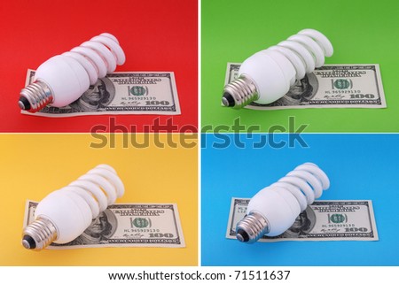 Luminescent lamp on hundred dollars. On green, yellow, red and blu background