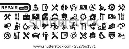  Repair icon set. Containing fix, maintenance, toolbox, assistance, broken, troubleshoot, patch and repairman service icons. Solid icon collection. Vector illustration.