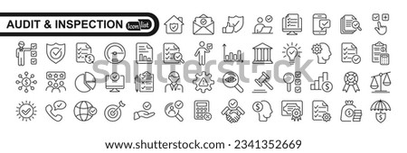 Audit and inspection outline stroke icons set. Examination, testing, quality control, check, inspect, collection. Vector illustration.