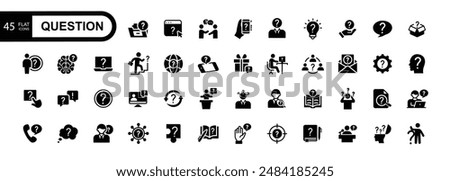  Simple set of question related vector icons. Question mark, surprised man, dialog, search for answers. Vector illustration.