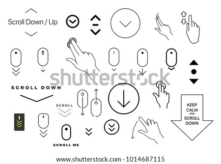 Modern linear pictogram of scroll down. Set of concept line icons scroll down. Icons of scroll down. Scroll down up computer mouse icon. Set of scrolling icons for a website, web design, mobile apps