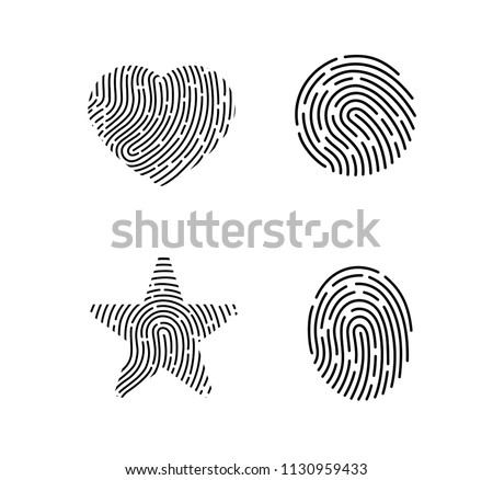 Set of vector fingerprints. Set of black vector fingerprints isolated on white background. Fingerprint in the form of a heart. Fingerprint in the form of a star. Fingerprint in the form of a circle