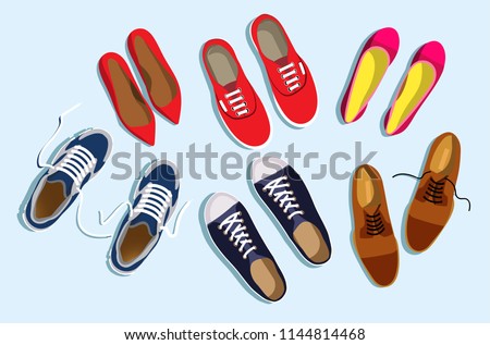 Set of women's and men's shoes top view. Pink and red female shoes. Red women's sneakers. Brown men's shoes. Blue men's sneakers. Flat vector women's and men's shoes isolated on light blue background Photo stock © 