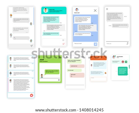 Set of online chat rooms for websites and mobile applications isolated on white background. Collection of group text messaging app on smartphone screen. Social online communication concepts chatting