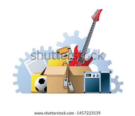 Vector illustration of a cardboard box with old things. Box with old stuff isolated on white background. Garage sale concept. Guitar, folder, game console, soccer ball, sound amplifier, documents