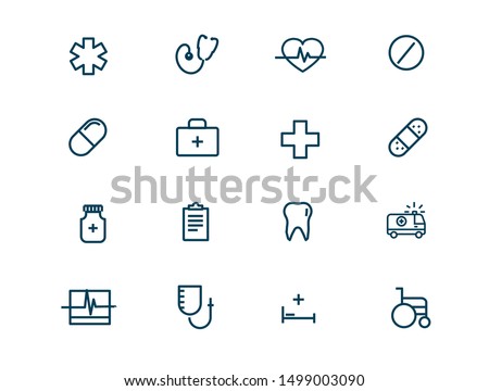 Medicine and medical equipment vector linear icons set. Medicine and health outline symbols pack. Collection of medical equipment isolated contour illustrations. Ambulance. Medicaments. Pill