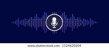 Music sound waves with microphone sign. Sound wave equalizer. Live waves with mic icon for web and app. Vector illustration of a floating sound wave with a microphone icon isolated on dark background