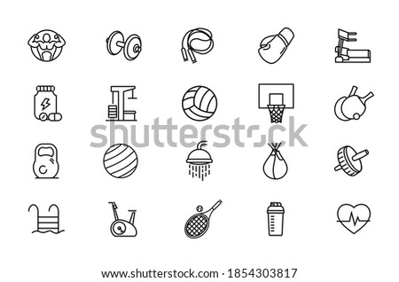 Subjects related to training, gym and fitness facilities. Goods for sports, recreation and health. Vector icons with editable lines.