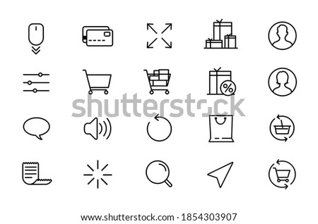 Shopping in an online store. Product card, account, discount, promotion, exchange, shopping cart, purchase, check, article, scrolled down, computer mouse. icons for online trading with editable lines 
