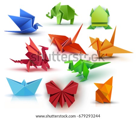 Set origami butterfly, crane, frog, elephant, dragon, ship, dinosaur, fox. Paper set origami. 