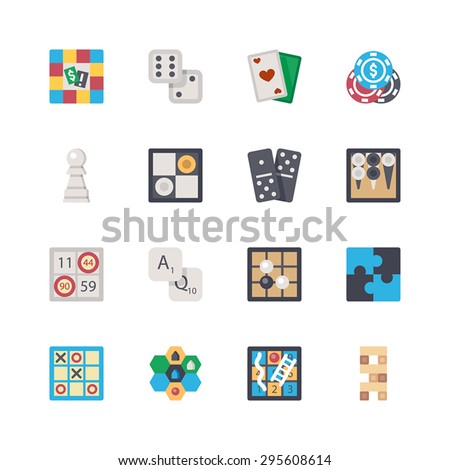 Vector flat board games set. Board game, dice, cards, poker, chess, checkers, dominoes, backgammon, bingo, letters, Go game, puzzle, tic-tac-toe, strategy, snakes and ladders, tower.