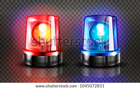 Red  and blue flashers Siren Vector. Realistic Object. Light Effect. Beacon For Police Cars Ambulance, Fire Trucks. Emergency Flashing Siren. Transparent Background vector Illustration