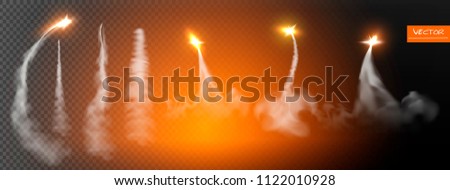 Airplane condensation trails. Jet trailing smoke isolated vector set. Foggy trail jet or plane, smoky effect after rocket. Flash rockets. Vector illustration.