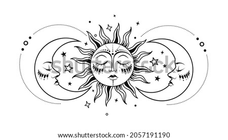 Sun and moon vector. Mystic and celestial design. Boho sun and crescent moons with a face. Design for tattoo, astrology, divination.