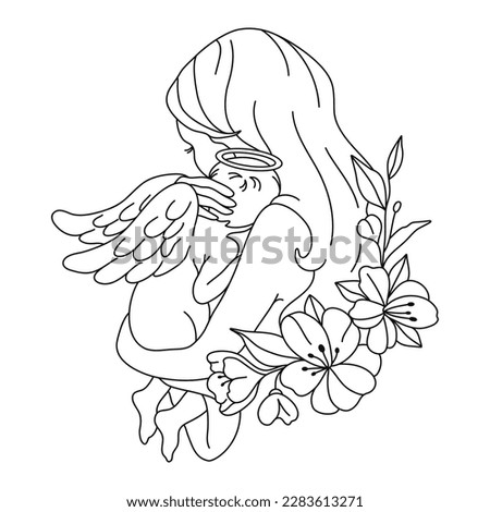 Baby loss memorial. Mom holding baby angel. Angel newborn baby with mom. Vector illustration.