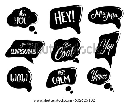 Vector set of speech bubbles in comic style. Hand drawn set of dialog windows with short phrases.