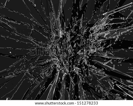 Pieces of broken or Shattered glass on black