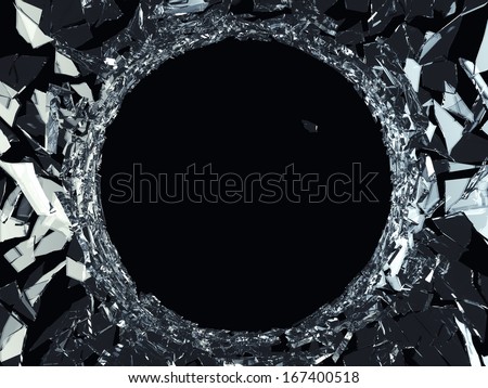 Demolished glass with sharp pieces and bullet hole on black