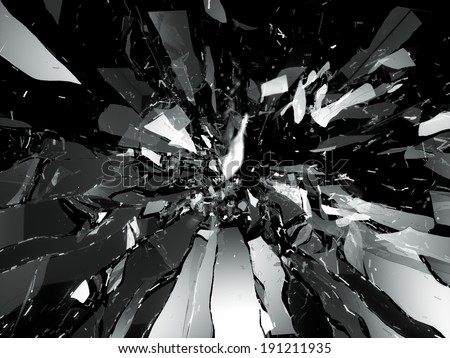 Broken shattered glass pieces isolated on black