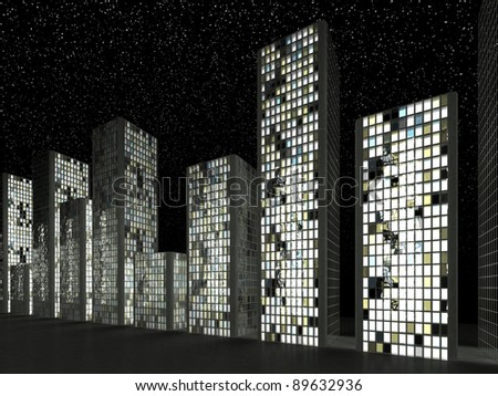 City: Abstract skyscrapers and starry sky at night