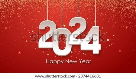 Happy new year 2024. Hanging white paper number with gold confetti on a colorful red background. Illustration for the festive New Year 2024
