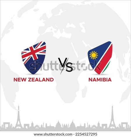 New Zealand vs Namibia Badge in flag design on France skyline background for a sports tournament, this vector for sports match template or banner in vector illustration. Editable EPS.